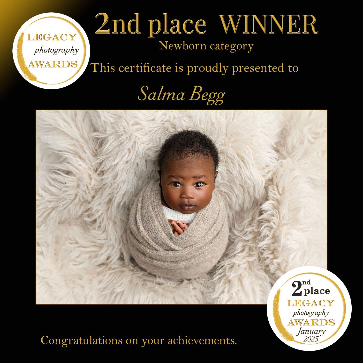 Award-winning newborn photography showcasing delicate poses on soft white fur backgrounds with elegant gold accents.