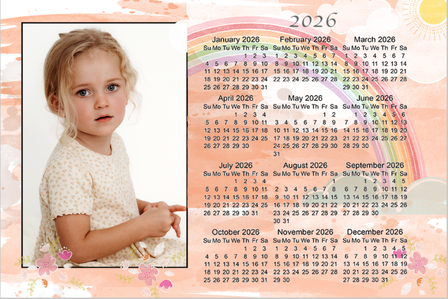 Decorative floral calendar design template featuring soft pink and peach tones with text blocks and photo spaces.
