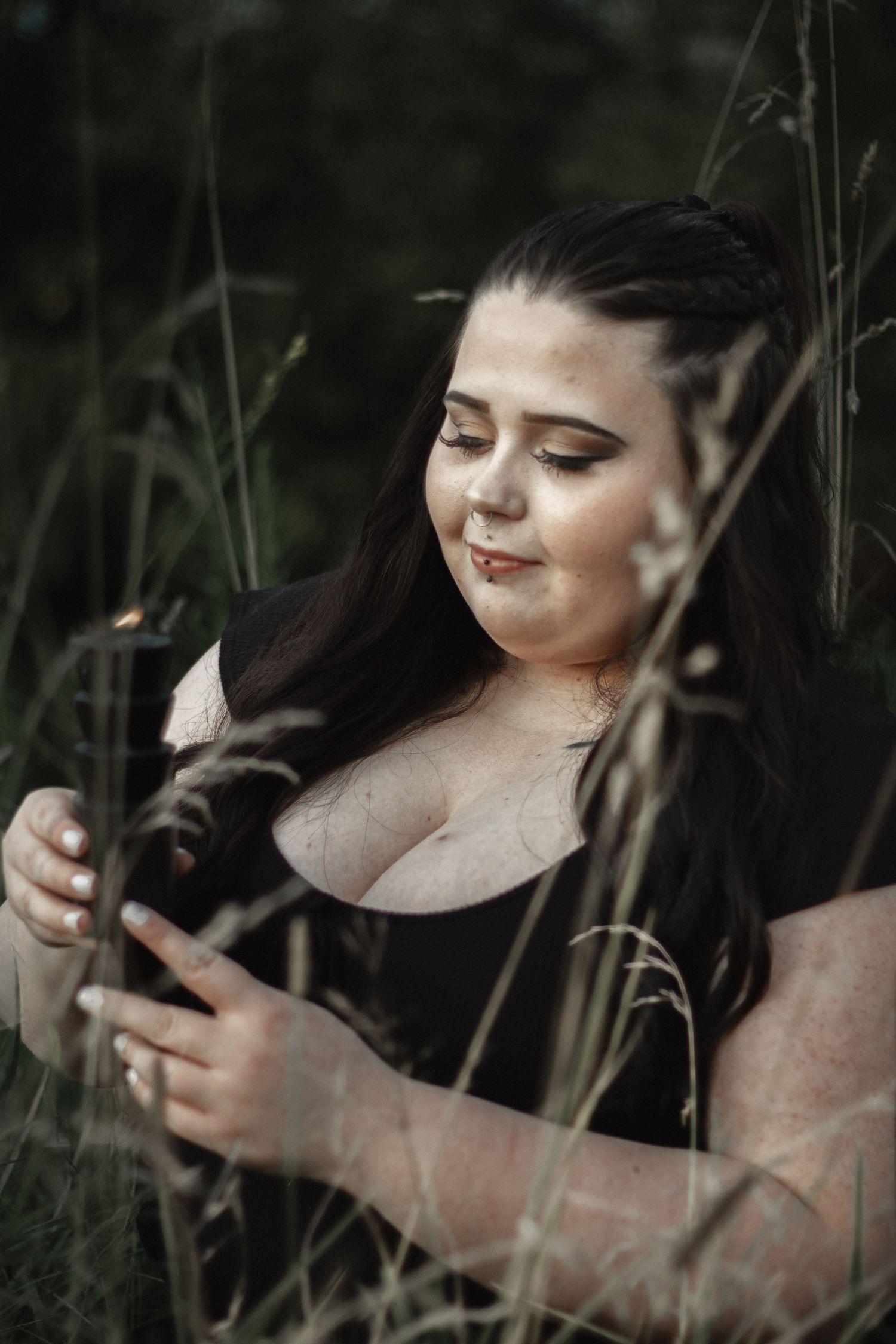 Close-up portrait sequence capturing peaceful expressions in a garden setting.