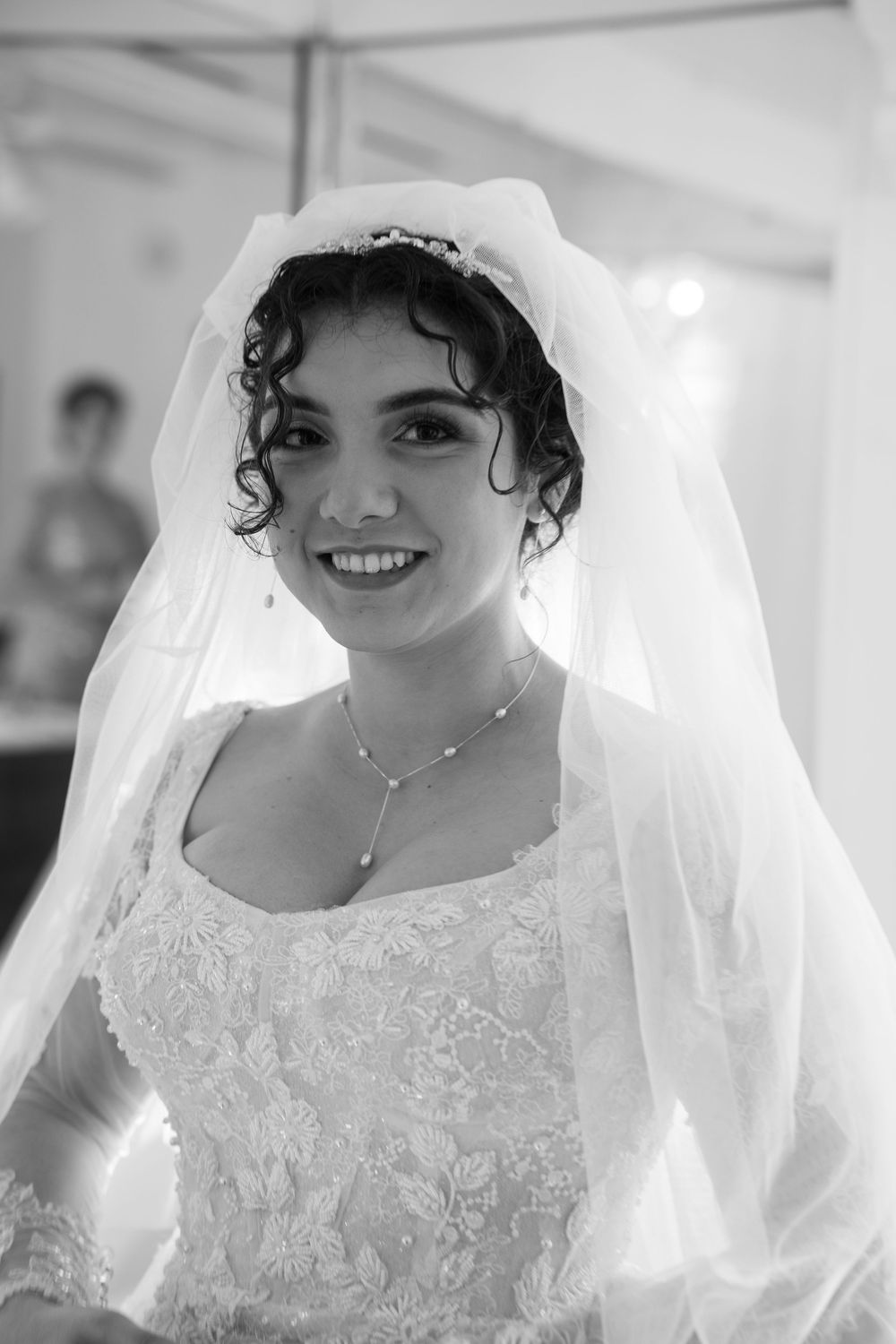 Close-up shots of bride wearing lace wedding dress and veil.