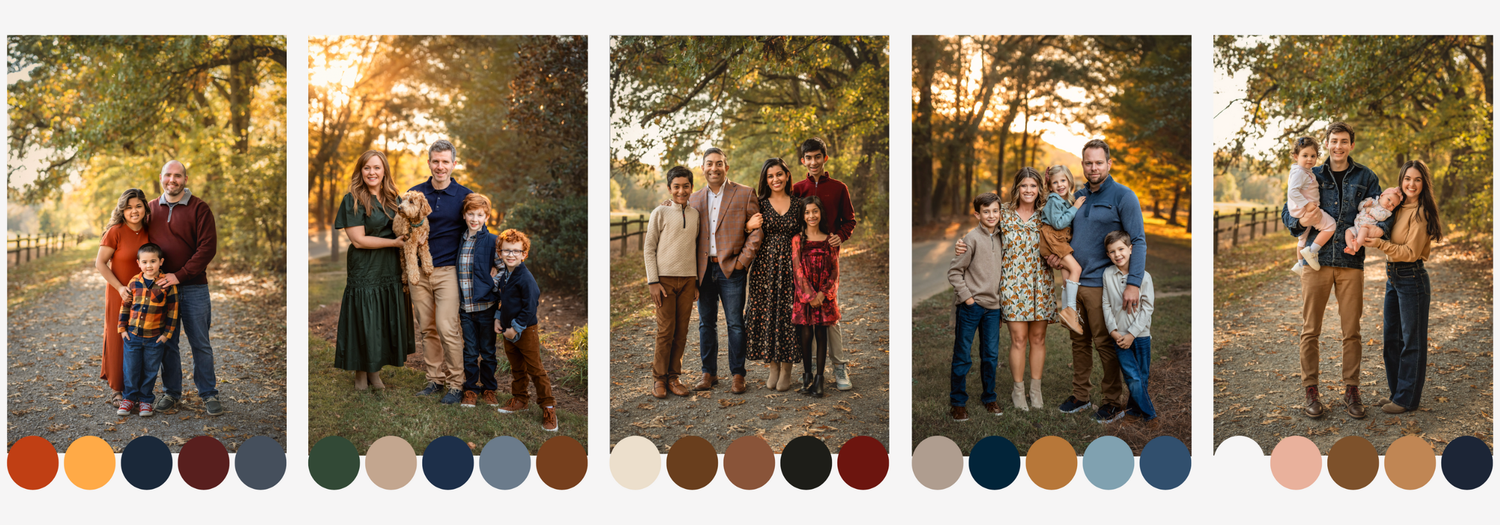 a series of families dressed for fall with the colors of their outfits displayed in pallets below.