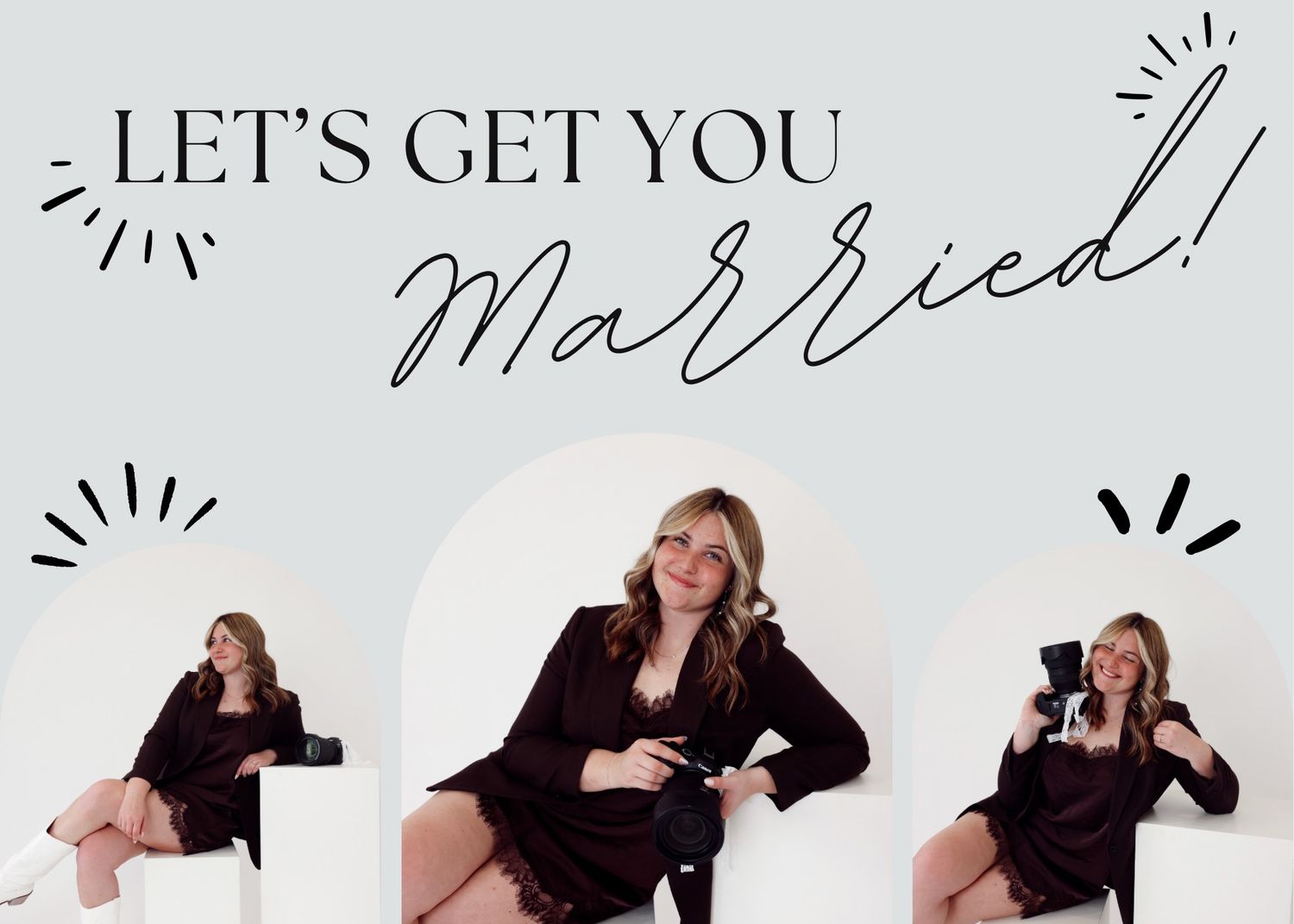 A burgundy dress worn by someone dancing joyfully in a sunlit field with the text 'Let's Get You Married'.