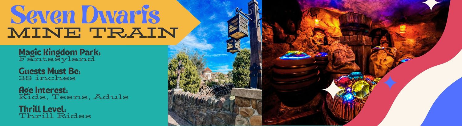 Old signage for Snow White's Mine Train roller coaster ride at Magic Kingdom theme park with orange sunset lighting.