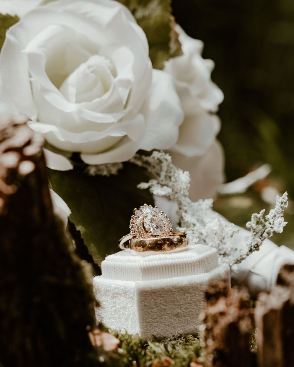 White roses and wedding ring arranged on textured white surface in elegant composition.