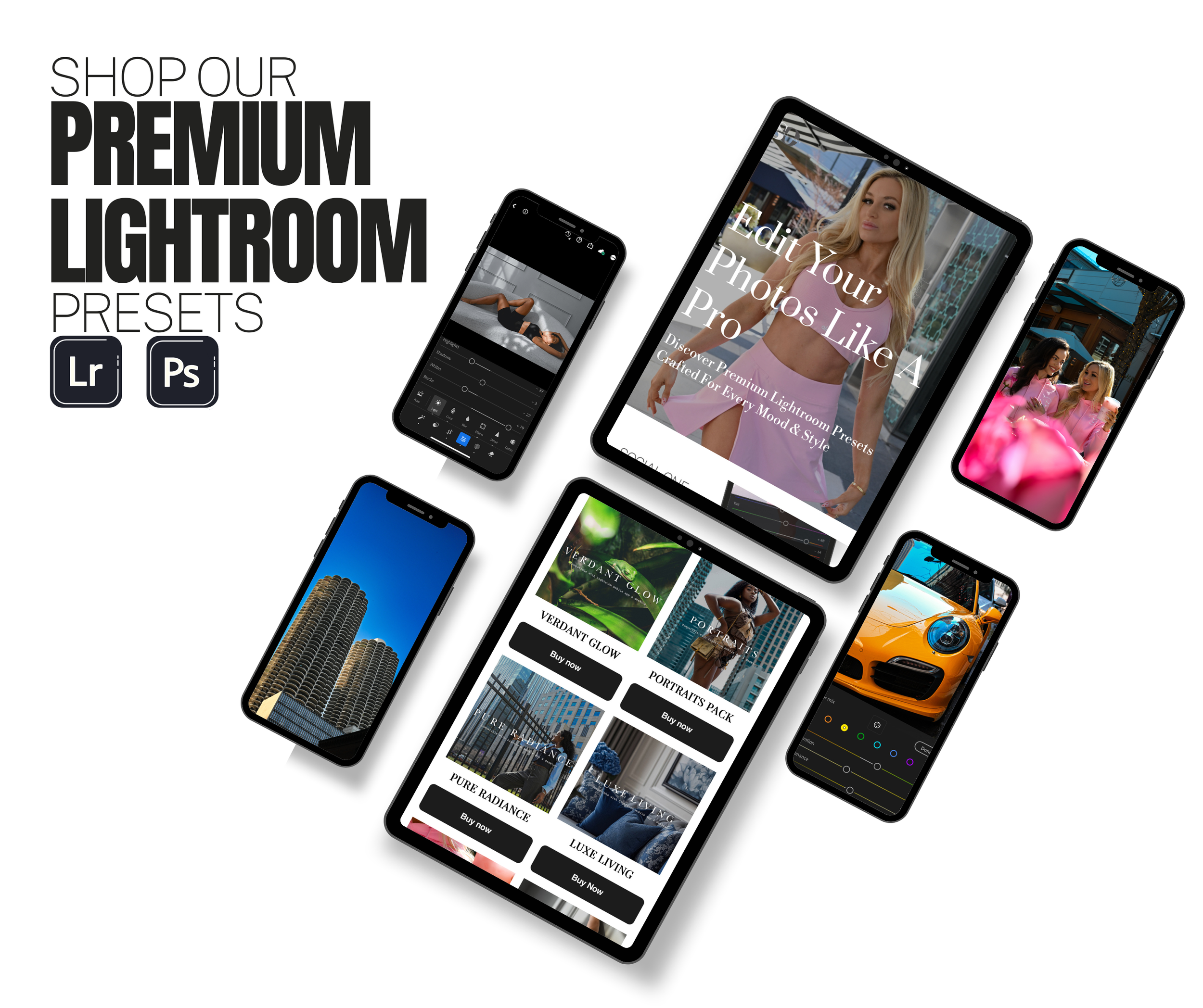 Modern digital devices displaying premium Adobe Lightroom photo editing presets for mobile and tablet photography.