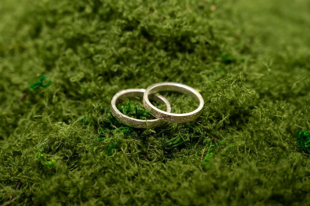 Alliances de mariage photographiées en lumière naturelle sur un fond forestier à Liège au Château Saint-Laurent de Glons Bassenge