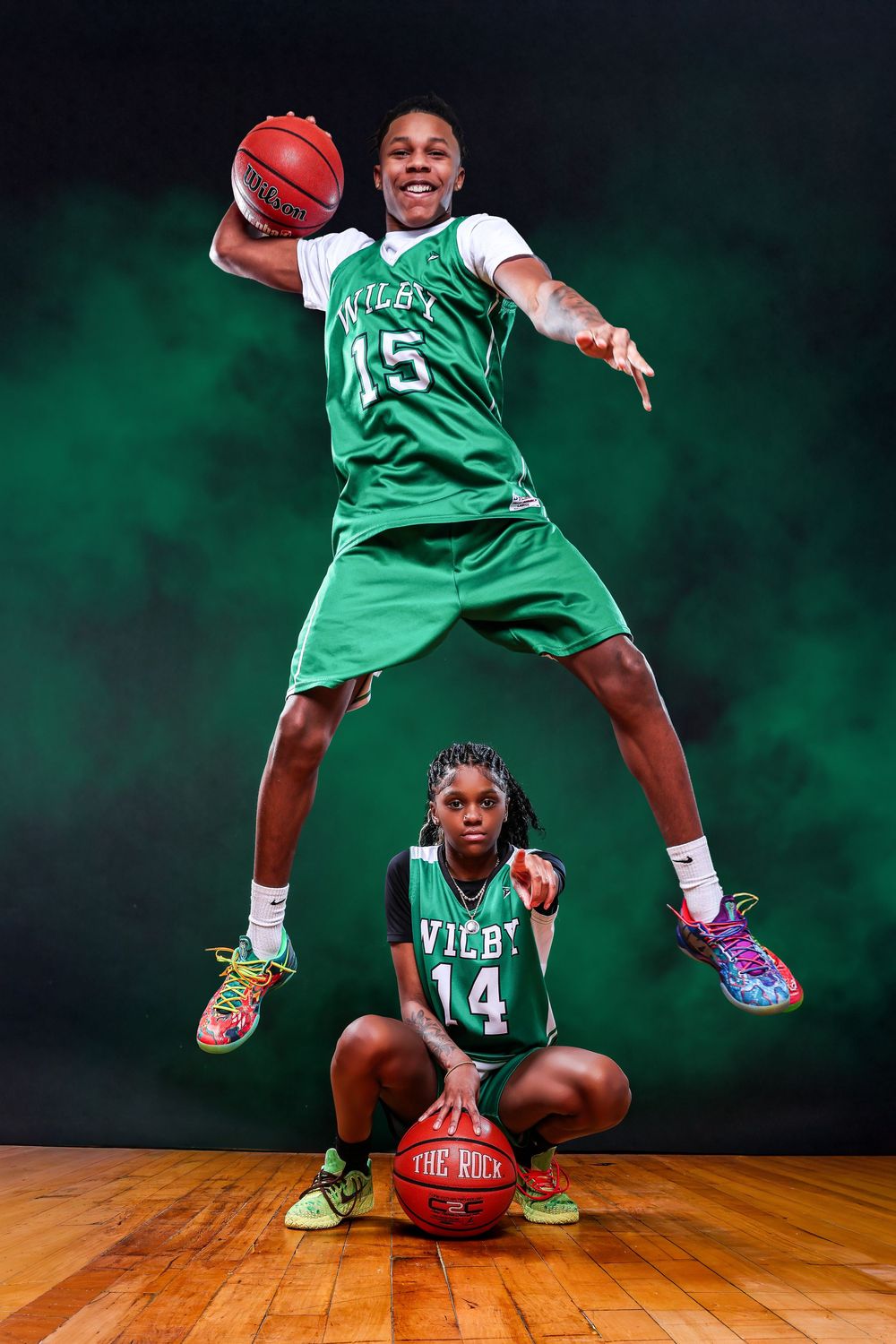 Dynamic basketball action shots showing player in green jersey dribbling and posing with ball against dark background.