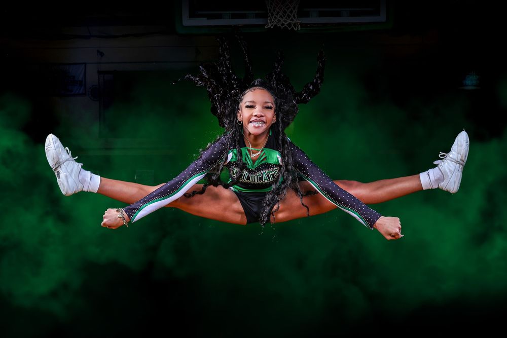 A series of athletic action shots showing gymnasts performing split jumps and leaps against dark backgrounds.