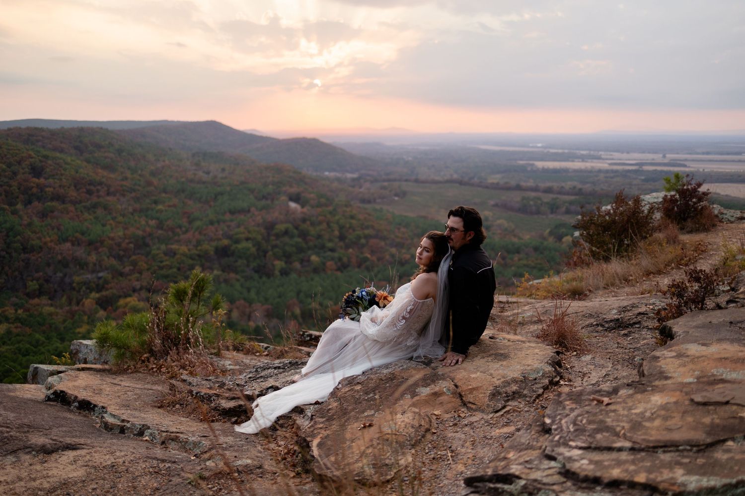 petit jean elopement wedding bride and groom sunset