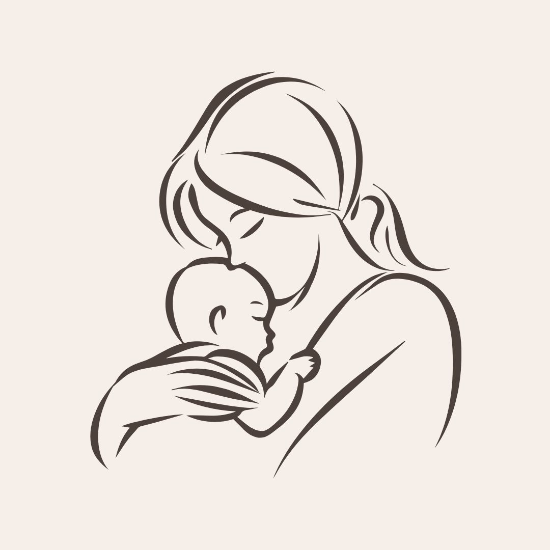 Simple line drawing artwork depicting tender moment between parent and infant in minimalist black brushstroke style.