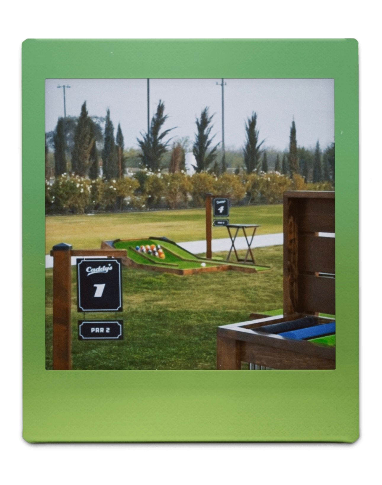 A mini golfing area with a Course 7 sign, artificial turf holes, and tall cypress trees in the background in Fresno, CA.