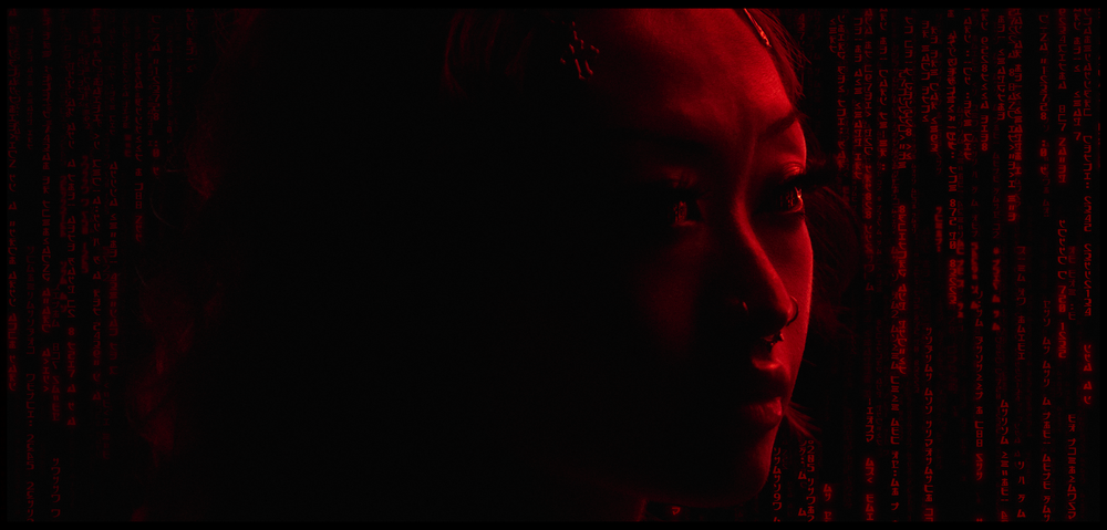 Dark abstract portrait with vertical red lines creating a glowing digital effect.