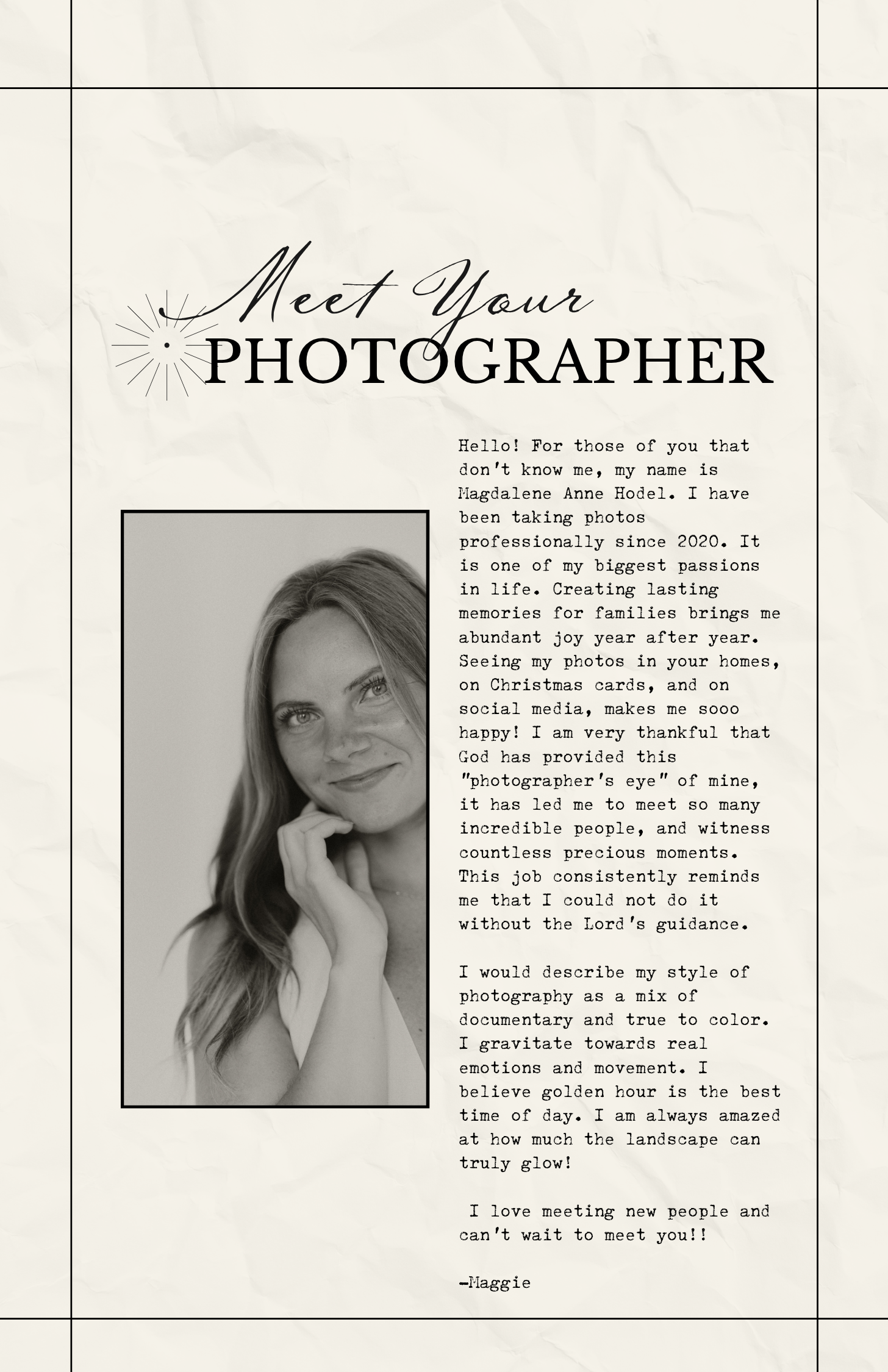 Photography pricing guide page with flowing dress photo and elegant script text.