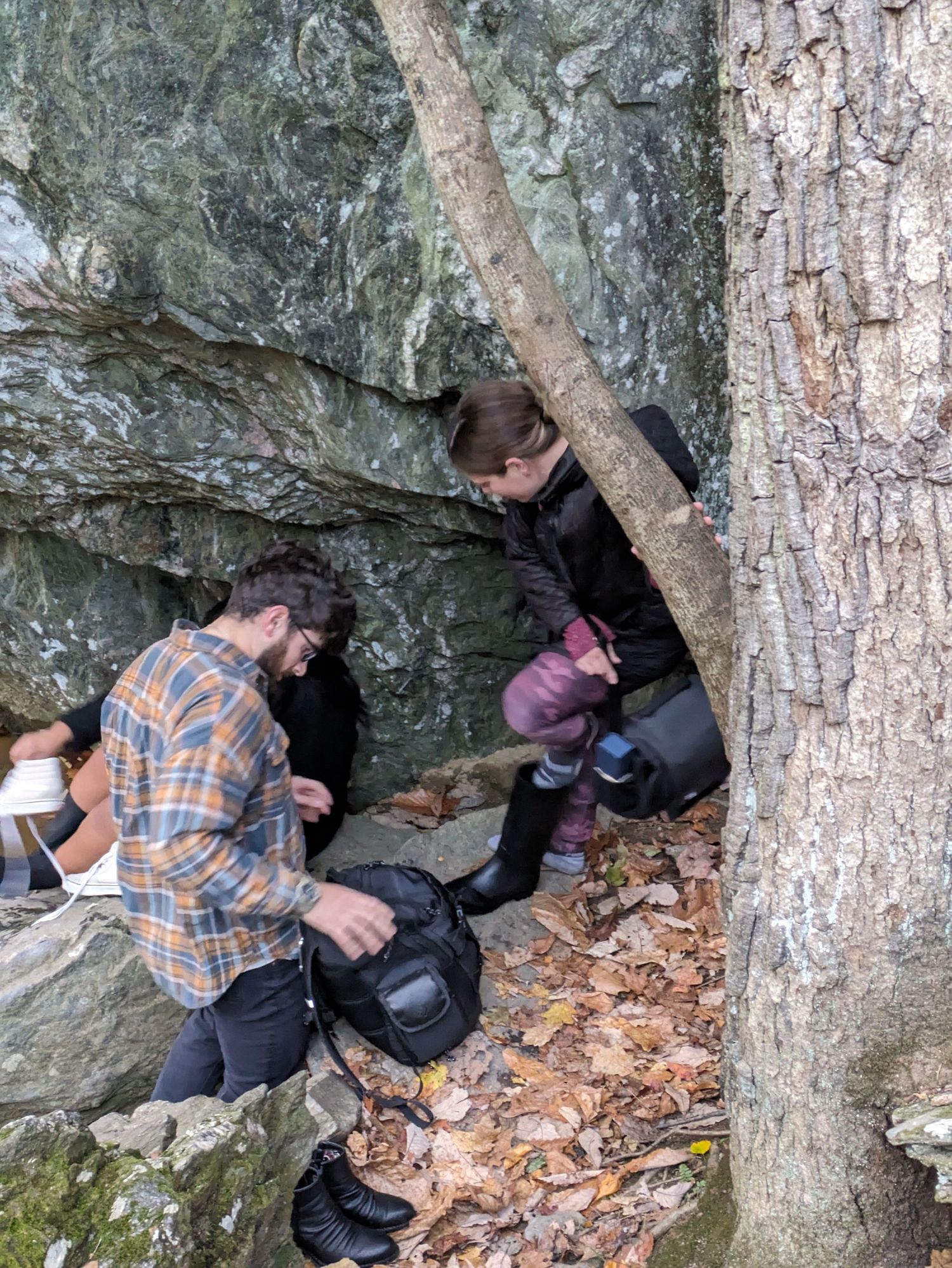 Rock climber carefully inspects a small cave entrance beneath tree roots while wearing plaid shirt and protective gear.