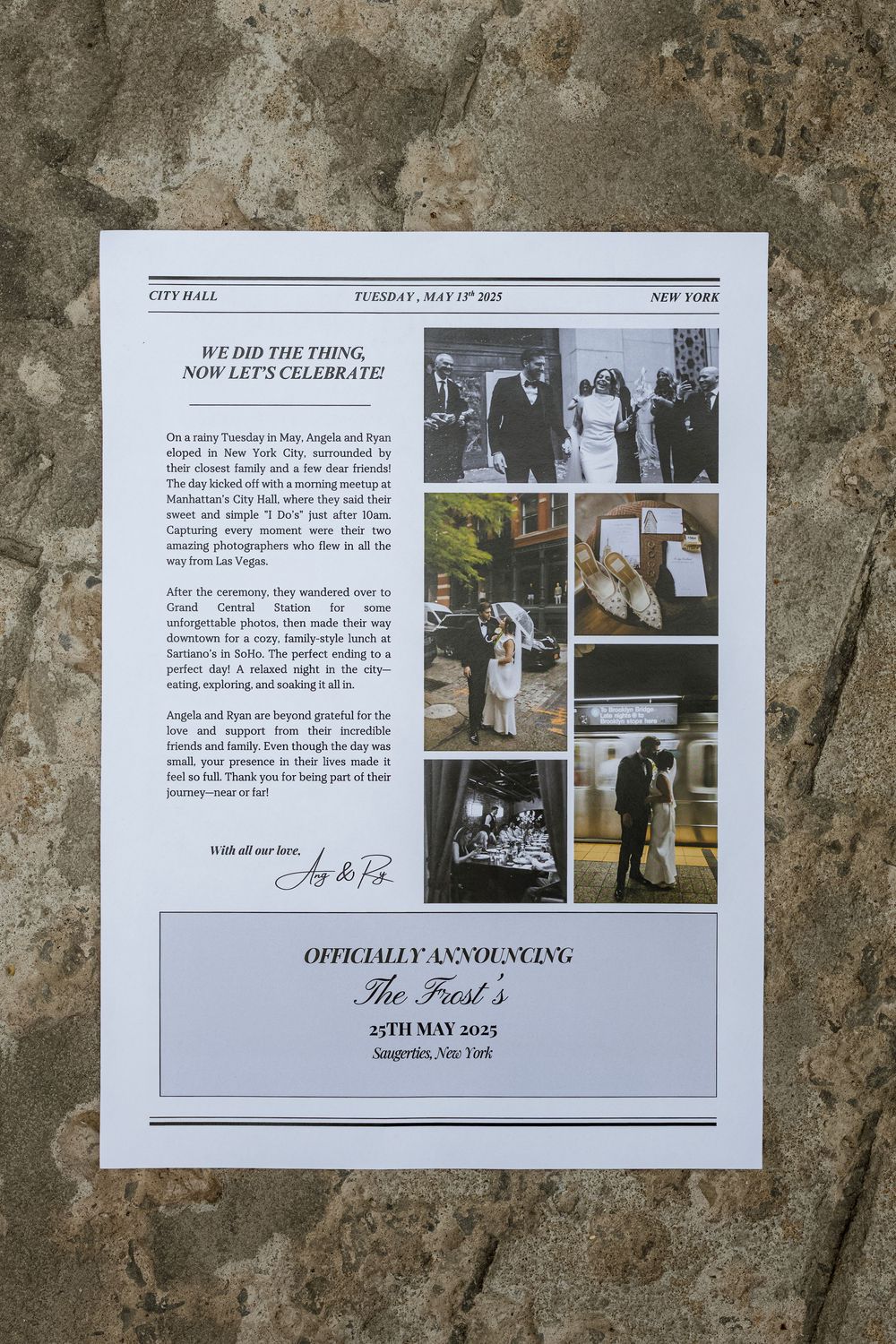 A series of black and white vintage-style wedding announcement cards laid out on a textured stone surface.