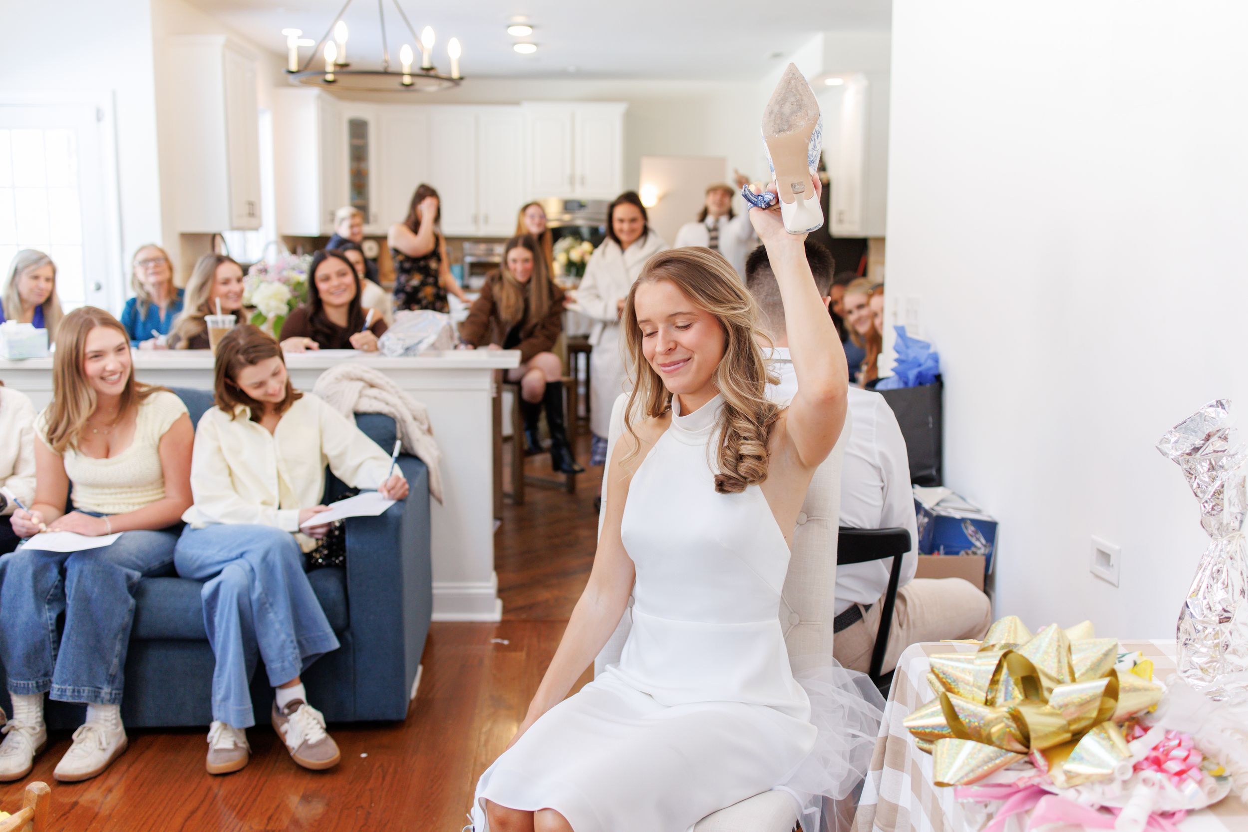 A collection of wedding moments showing celebrations, preparations, and candid interactions in a bright indoor venue.