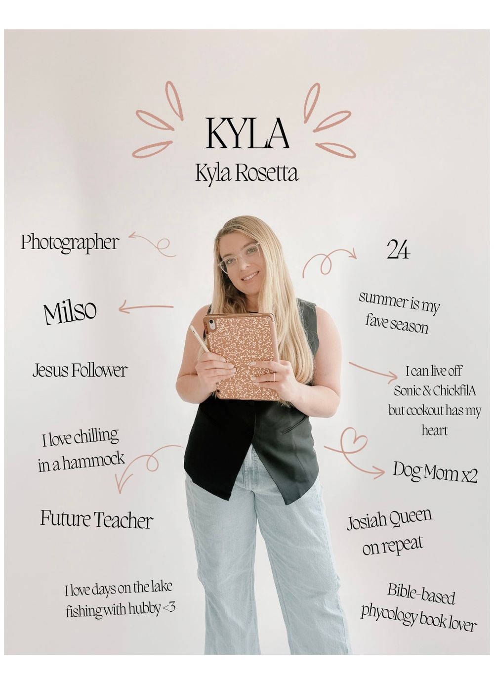 A personal introduction page with handwritten-style text showing interests and details against a light background.