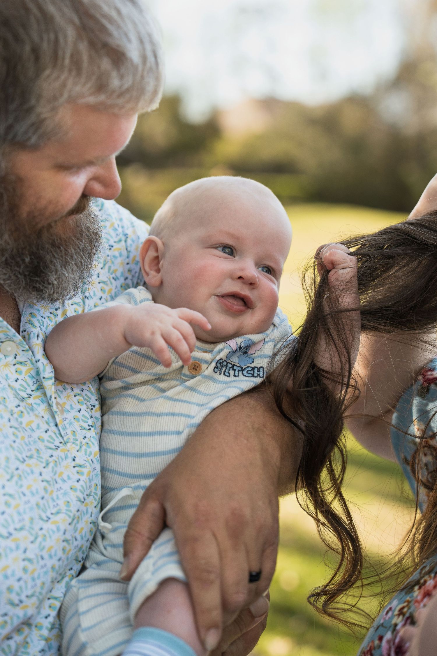 A series of tender family moments captured outdoors in warm sunlight showing affectionate interactions between parent and baby.