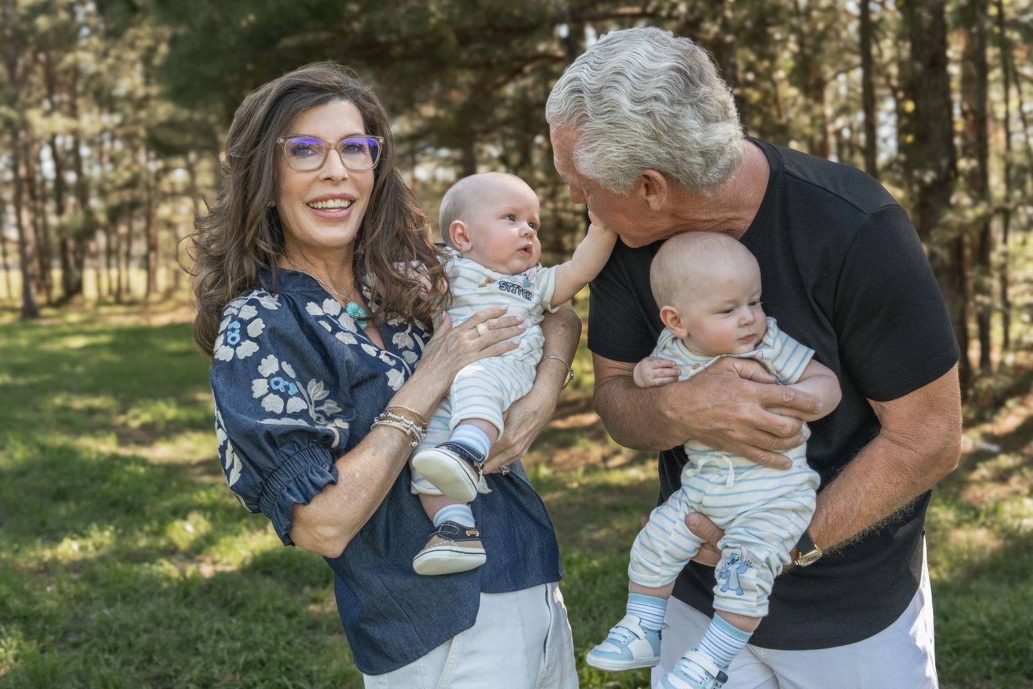 A joyful family moment captured in a series of candid photos outdoors in a sunlit forest setting.