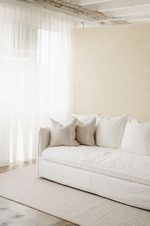 Minimalist white living room with plush sofa, sheer curtains, and cream area rug in bright natural lighting.