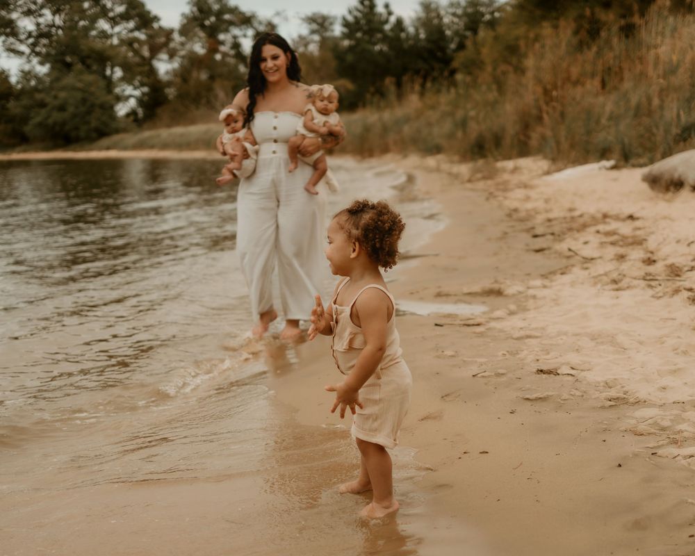 A series of candid beach photos at sunset showing joyful moments between parent and child playing in the sand and surf.
