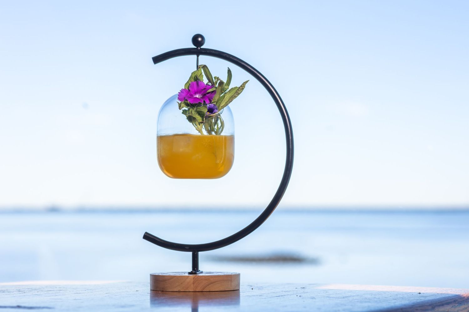 A Cocktail suspended on a C-shaped stand with wooden base. 
Sarasota Commercial Food and Beverage Photographer