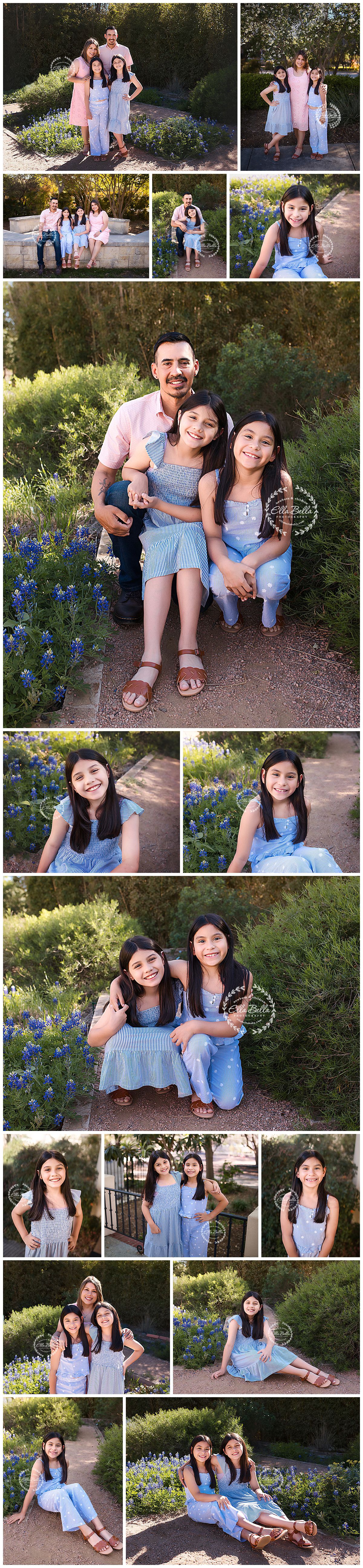 Family photo session in a garden with blooming bluebonnets during golden hour, wearing coordinated blue and pink outfits.