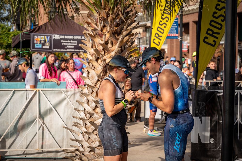 People gather at an outdoor festival or event near palm trees with yellow banners visible in the background.