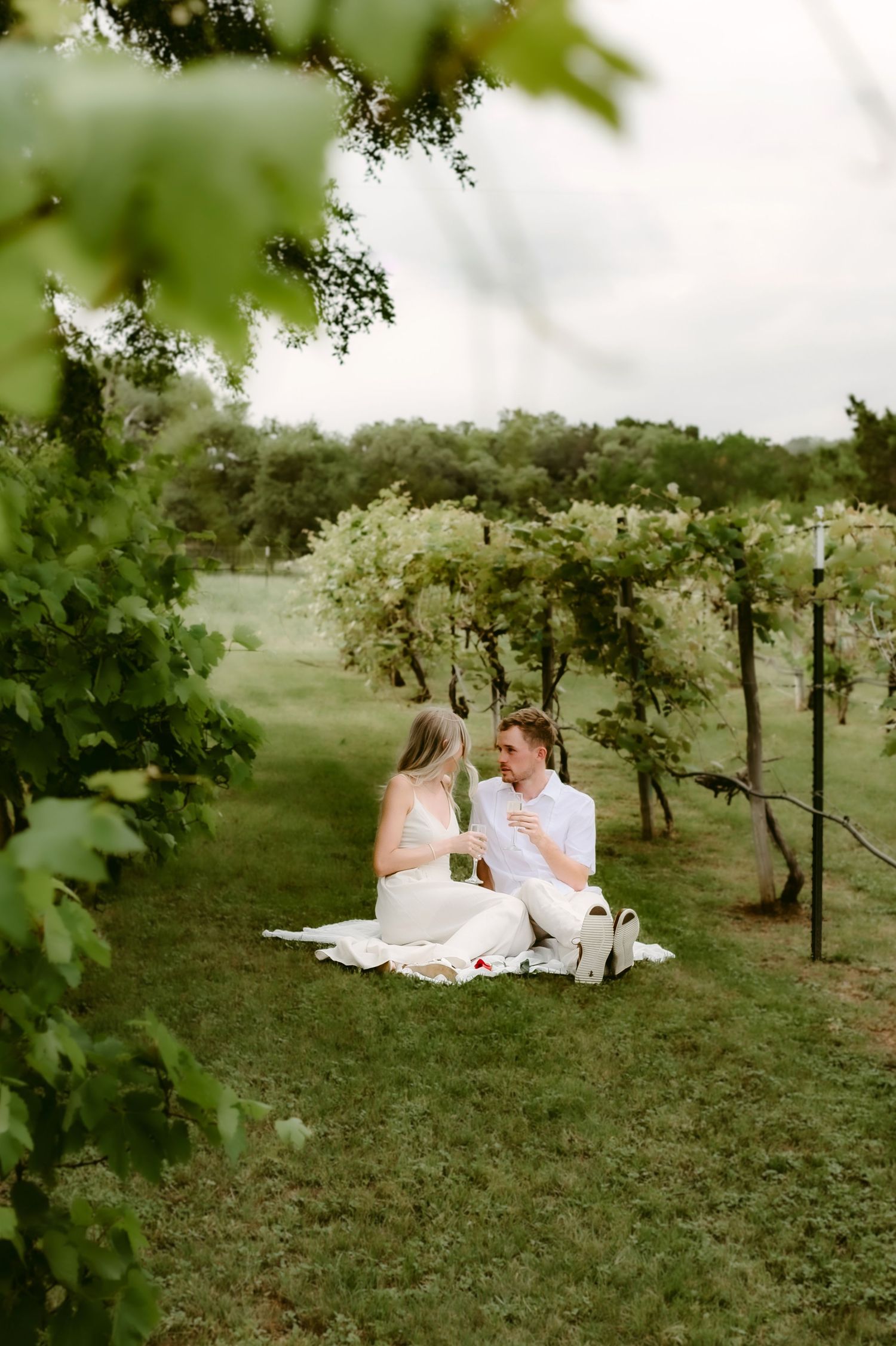 A couple enjoys a romantic picnic on a grassy hillside surrounded by trees on a sunny summer day.