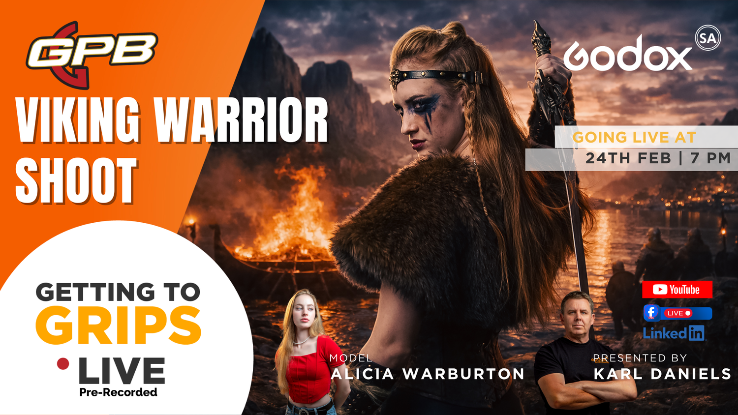 GPB Viking Warrior photography shoot live event featuring Alicia Warburton, hosted by Karl Daniels, sponsored by Godox on 24th Feb at 7PM.