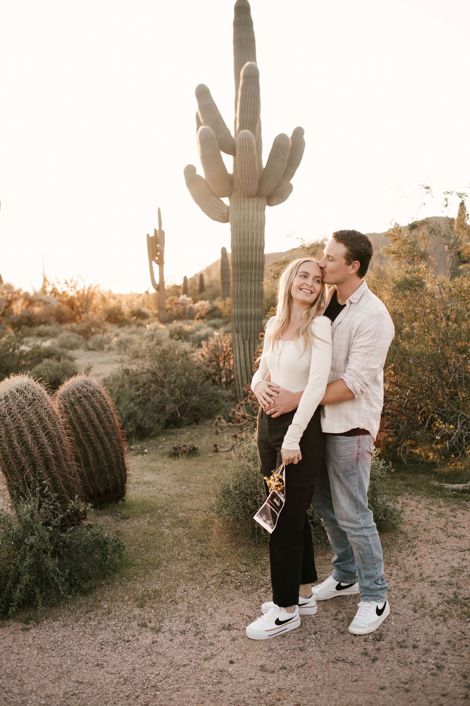 A romantic desert scene with towering saguaro cactus during golden hour.
