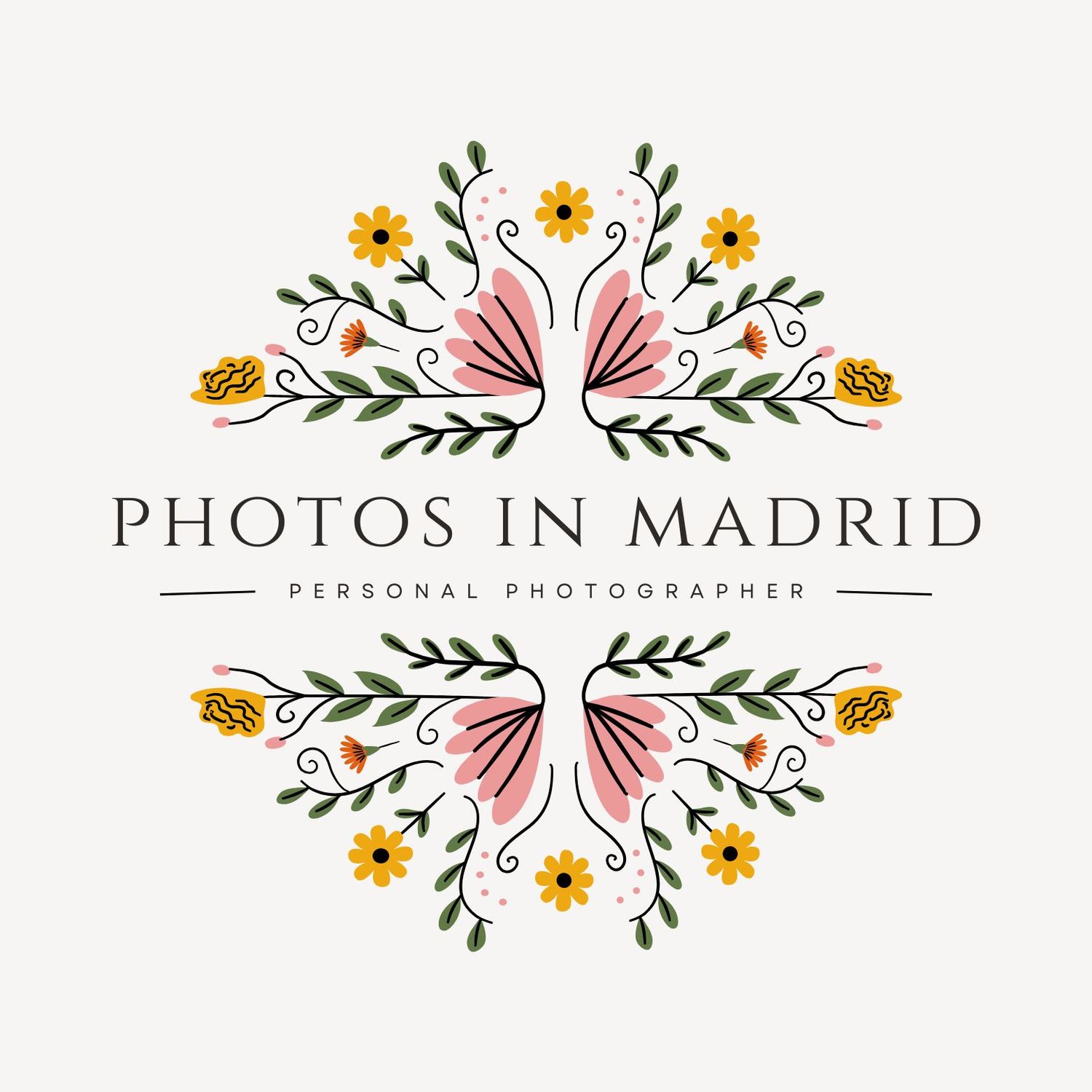 Floral logo design with yellow flowers and pink butterfly for Photos in Madrid photographer.