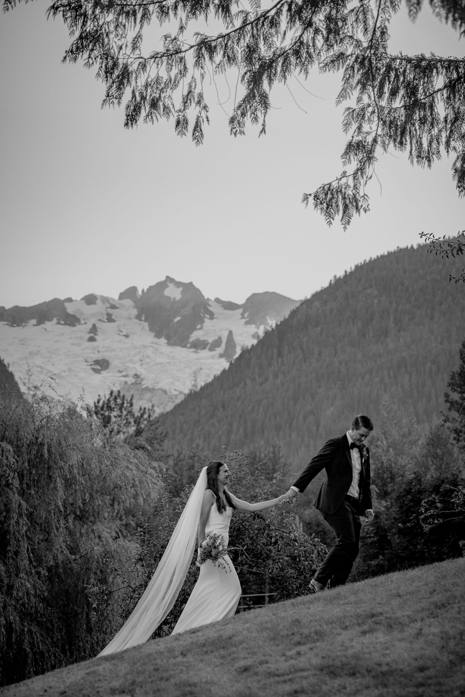 A couple in wedding attire poses against a scenic mountain backdrop with evergreen trees in black and white.