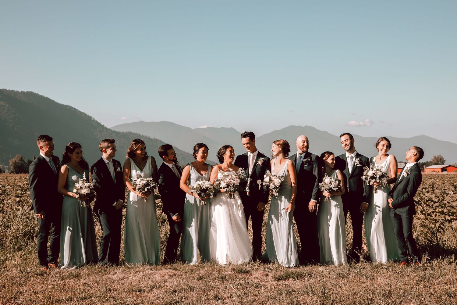Wedding party in burgundy and sage attire poses together on mountain hilltop.