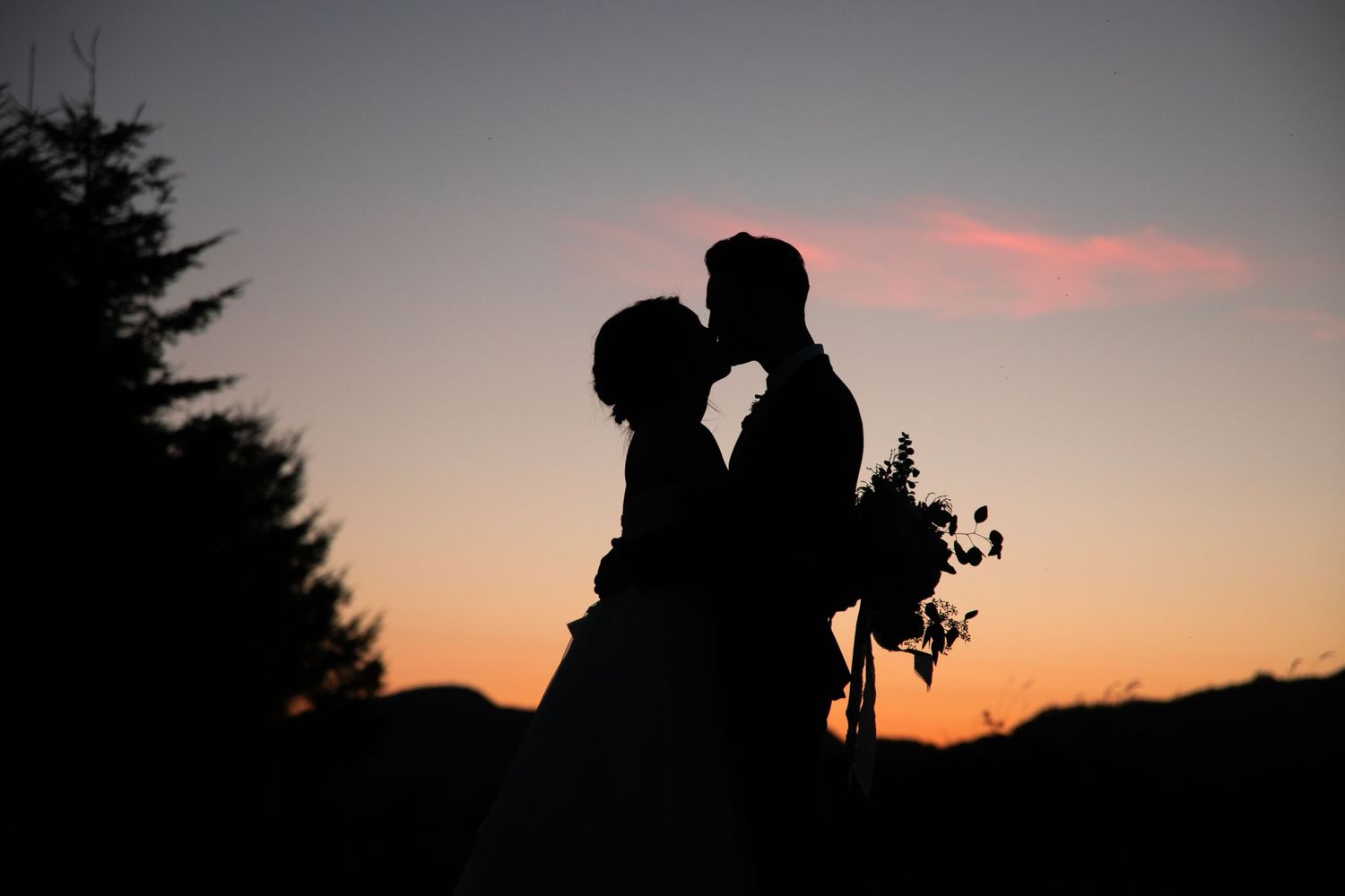 Silhouette of couple embracing against a sunset sky with evergreen trees.