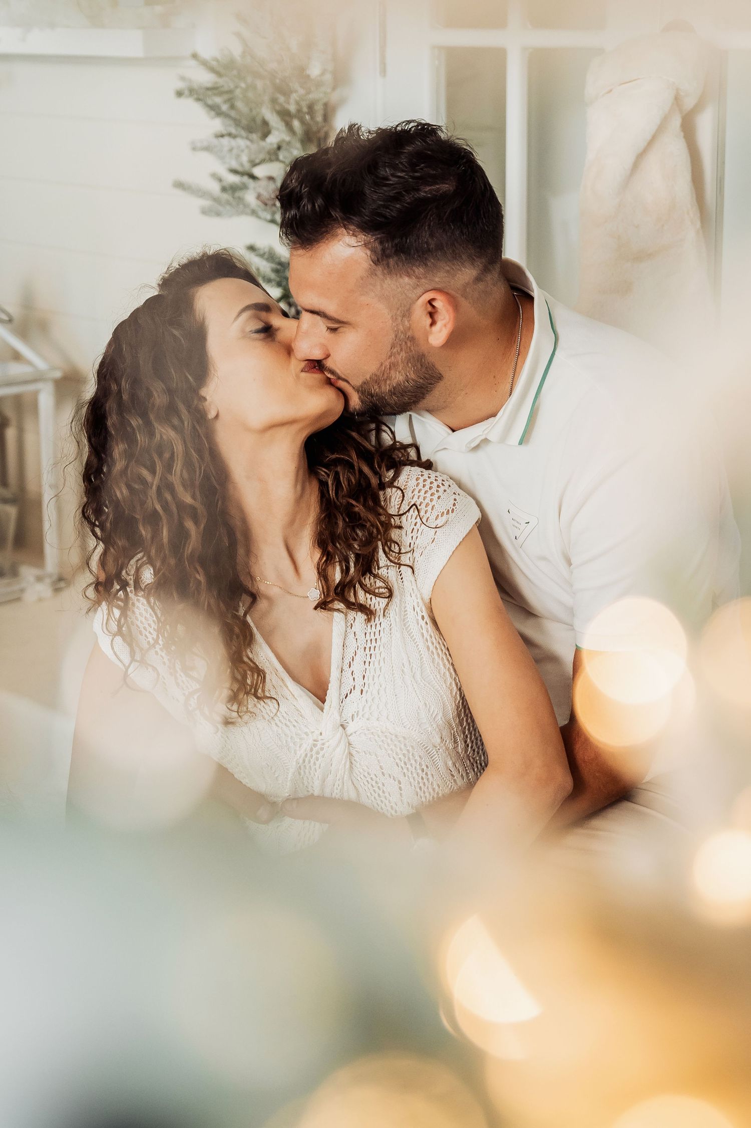 Romantic golden hour couple portrait with soft bokeh