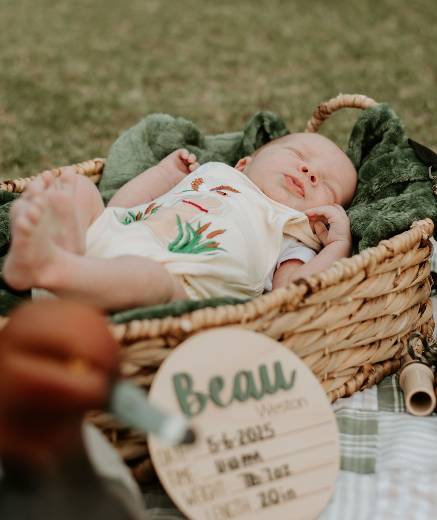 A small baby resting in a woven basket on grass with a wooden name sign showing 'Beau' beside them.