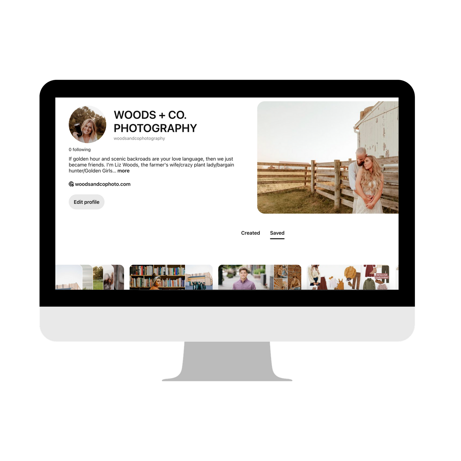 A computer monitor displaying a photography website homepage with portfolio images and rustic fence banner photo.