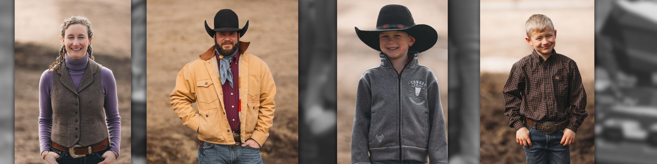 Four portraits of rugged cowboys in casual western attire standing posed against various backgrounds.