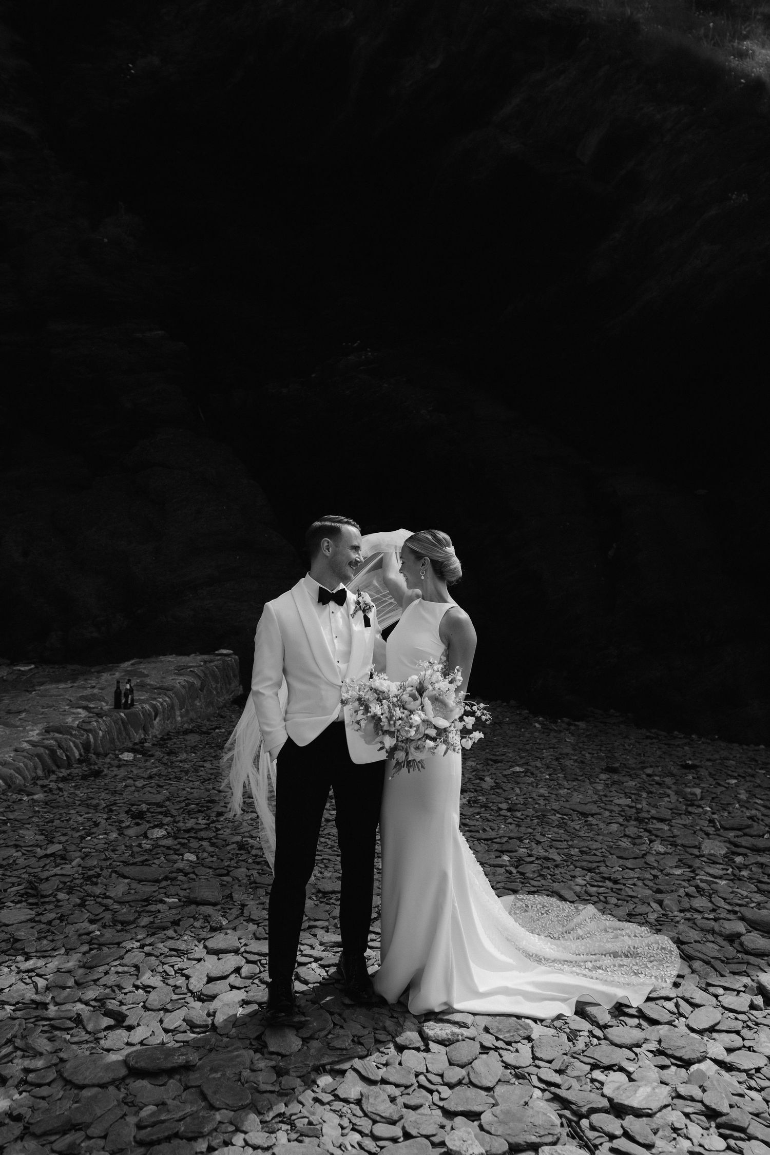 Bride and Groom on beach at Tunnels beach wedding venue in north devon