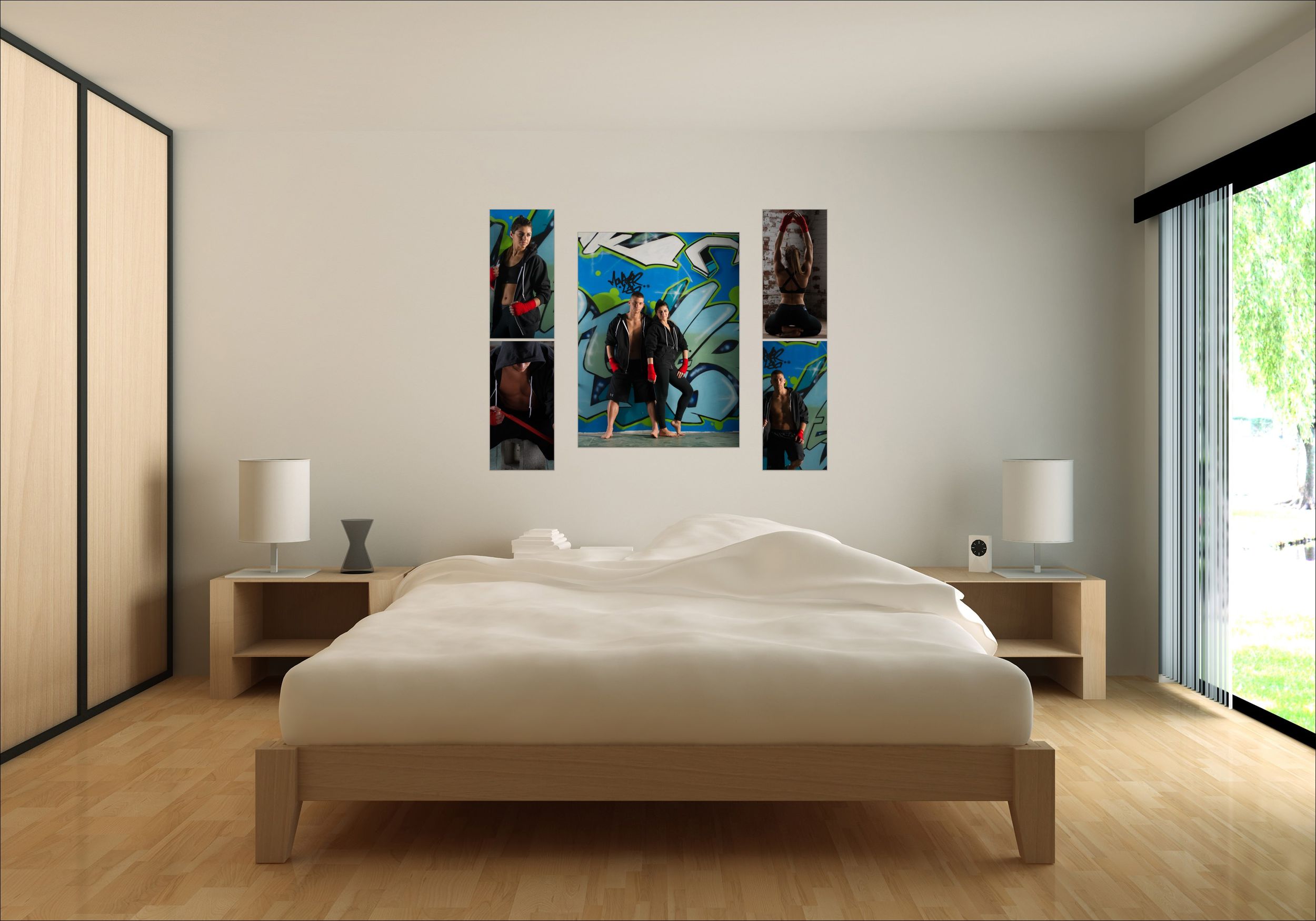 Metal print wall art installation of a kickboxing portrait session above a bed in a modern primary bed room