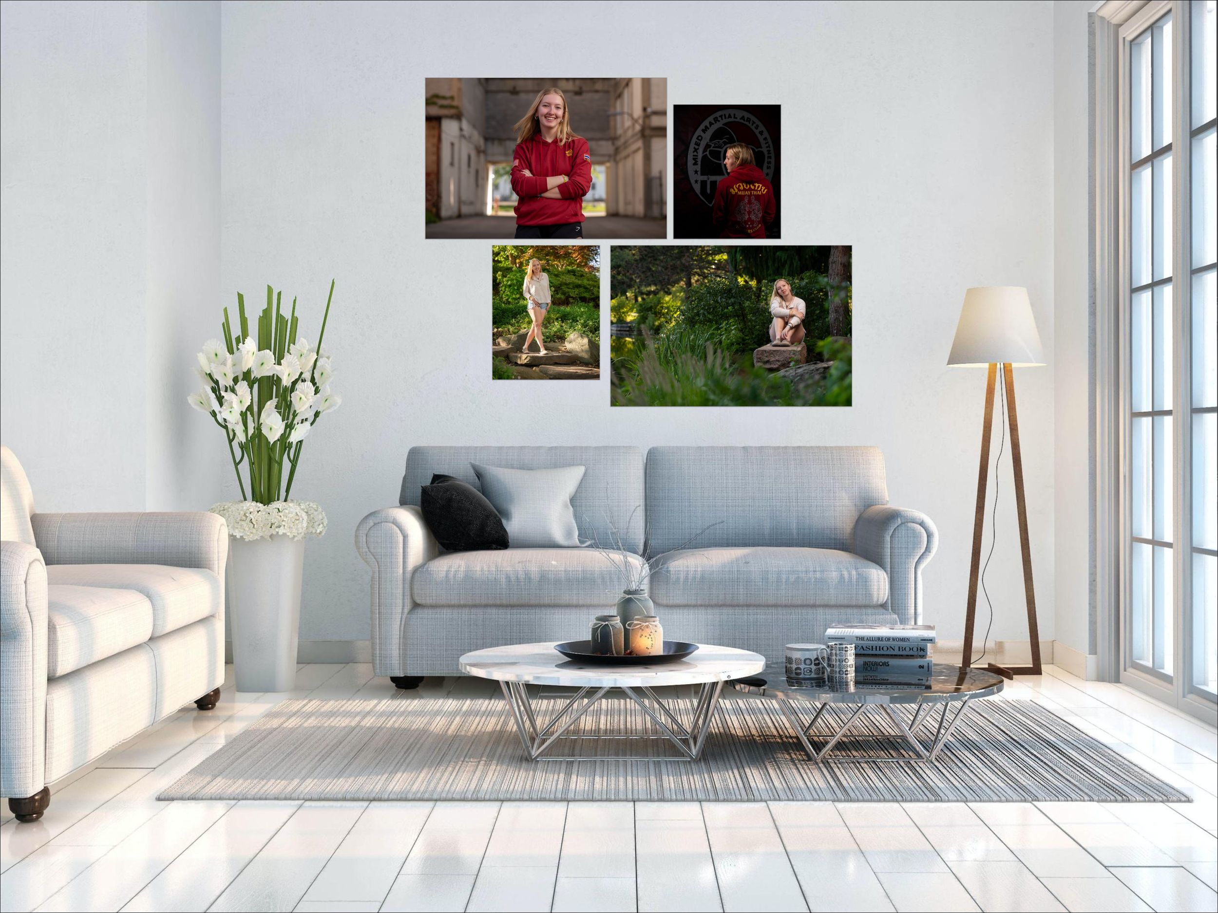 Canvas print wall art installation of a high school senior portrait session above a sofa in a modern living room
