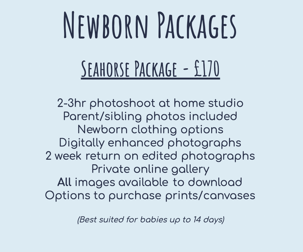 Newborn photography package details for Seahorse package priced at £170.