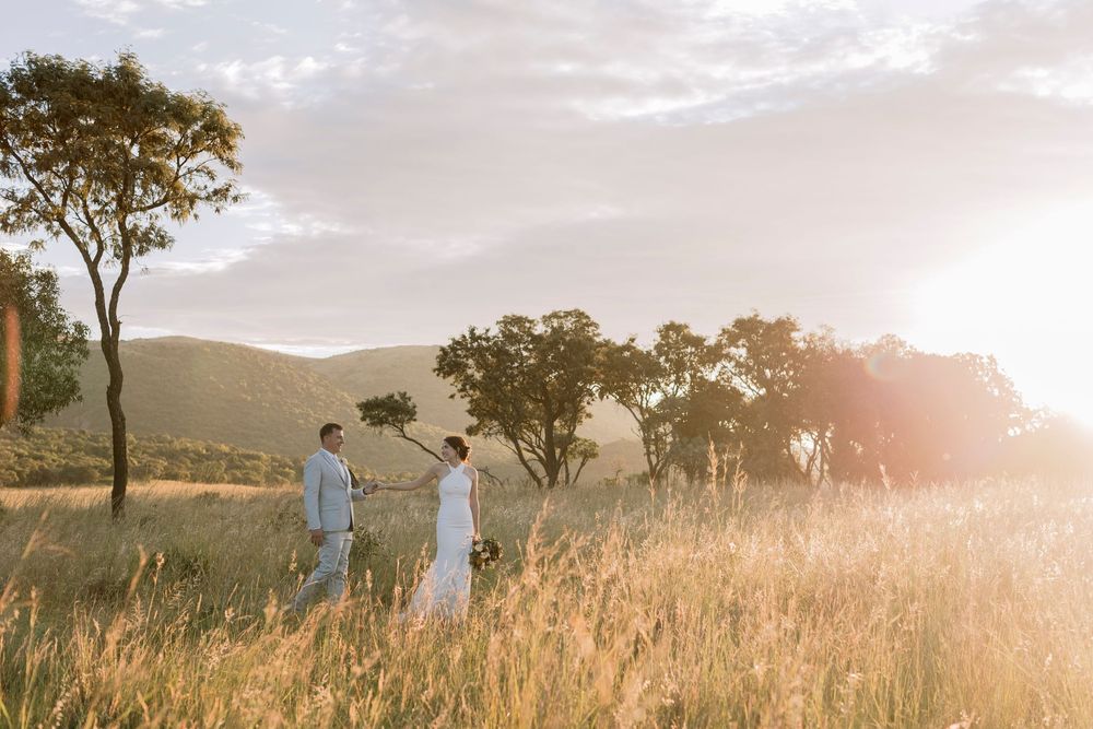 Bride and groom walking hand in hand through golden grass field with trees and sunset backdrop.
