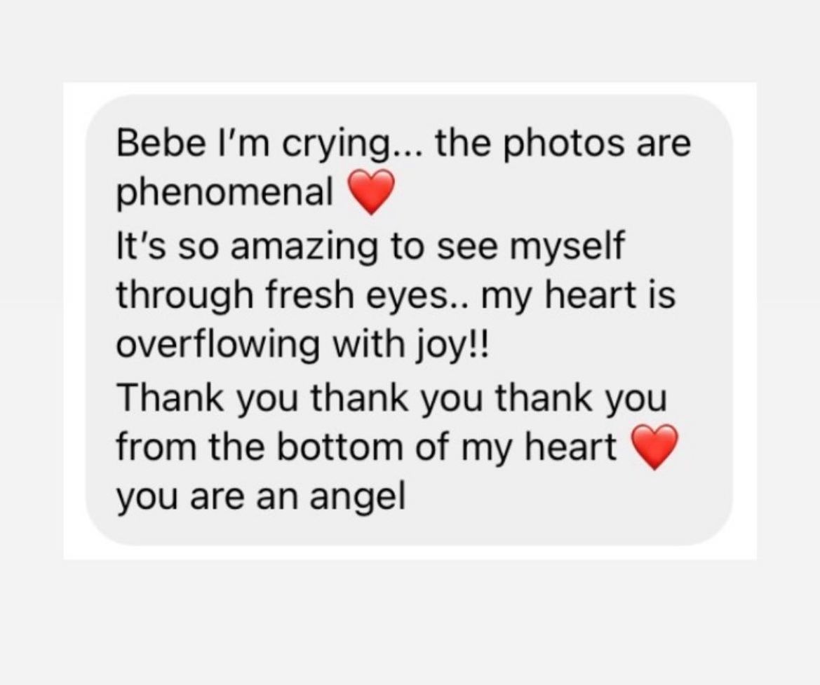 Glowing client testimonial describing phenomenal photos bringing joy and healing through fresh perspective photography.