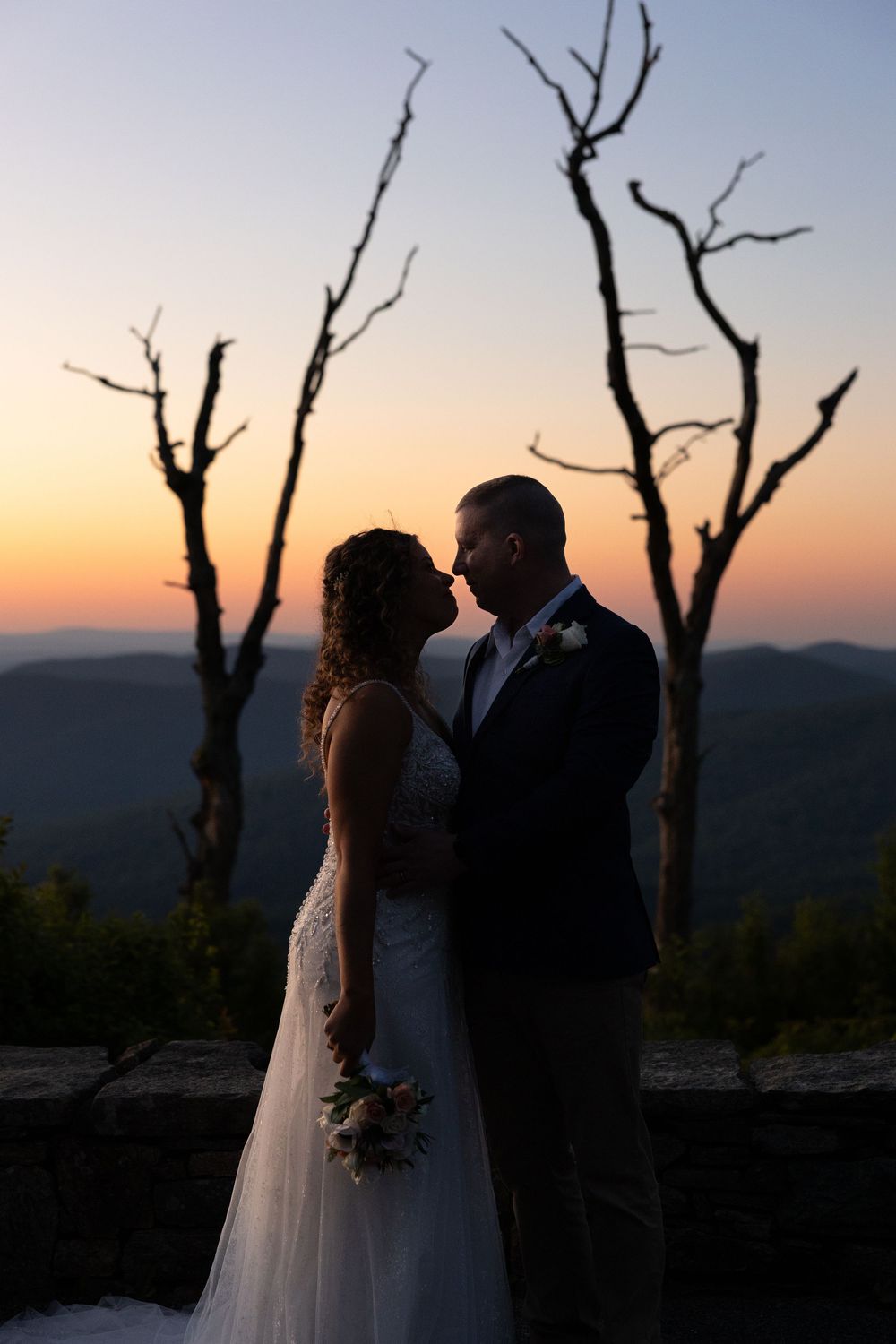 Bride and groom silhouetted against a stunning sunset with bare trees and mountain views on their wedding day.