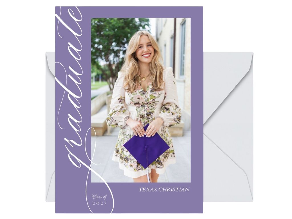 Purple graduation announcement card featuring a blonde woman in floral dress holding diploma, Texas Christian University, Class of 2023.