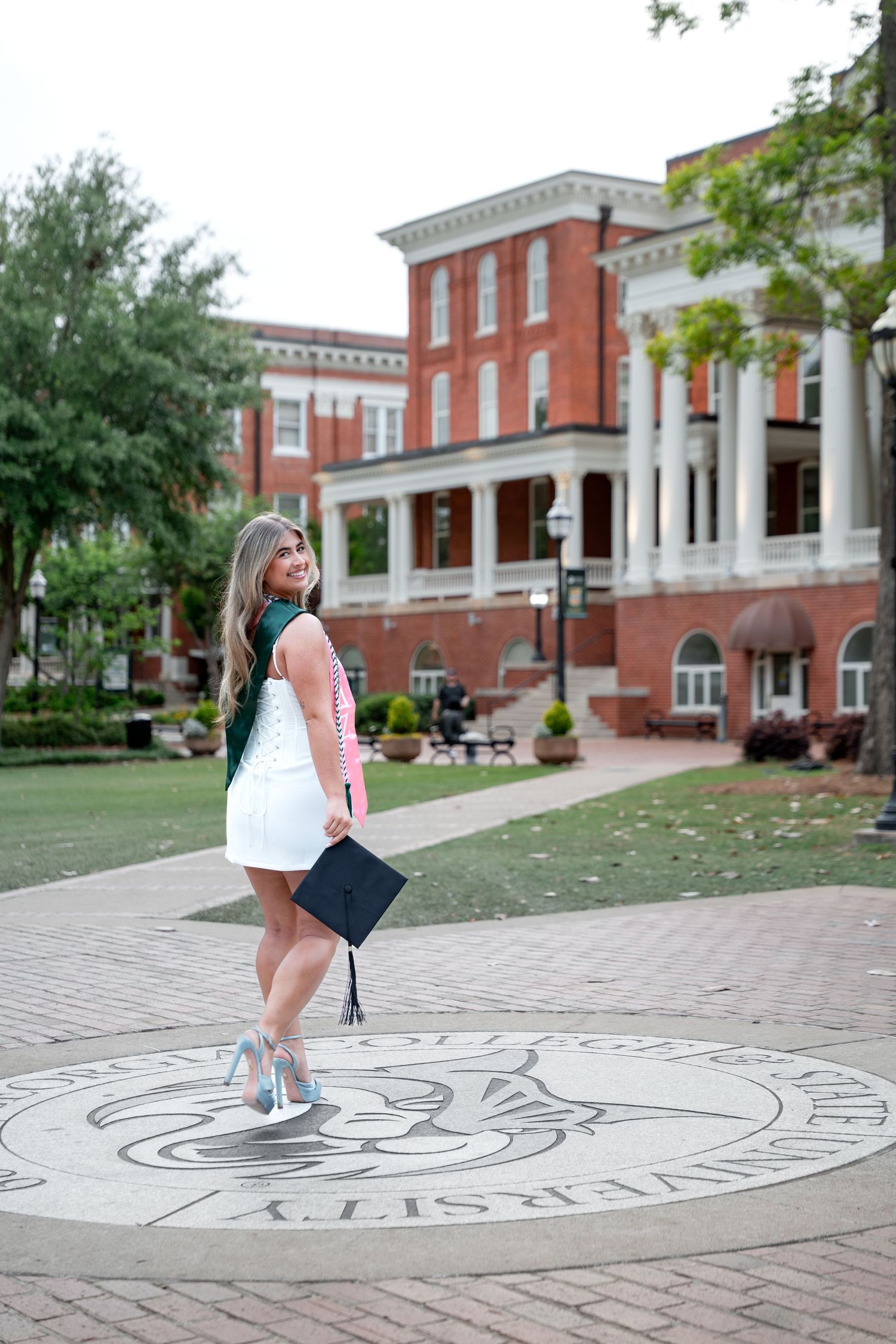 GCSU graduation photos at crest in front of Atkinson hall, one of the best spots on the Milledgeville, georgia campus