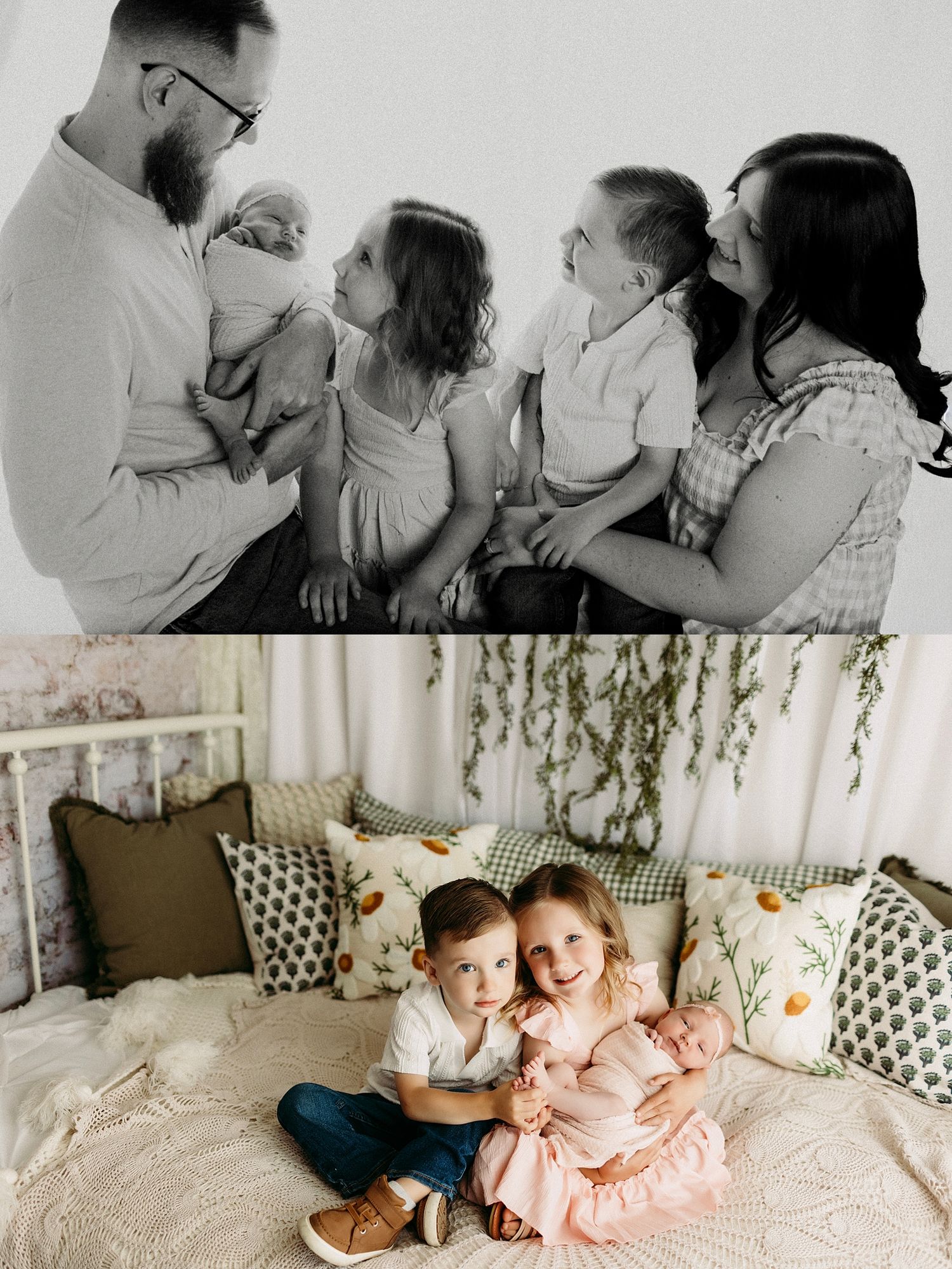 Family newborn photo collage showing parents with three children, including a newborn baby, in black and white and color studio portraits.