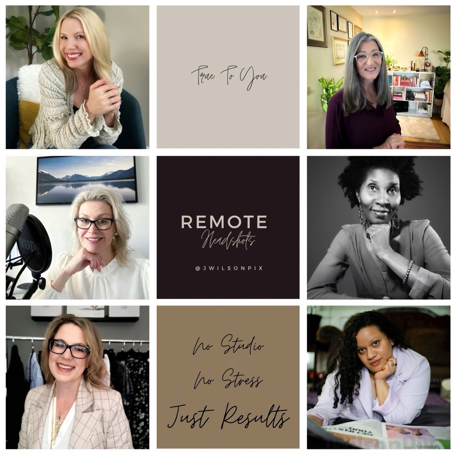 A collage of professional women headshots with Remote Headshots branding and text No Studio No Stress Just Results.